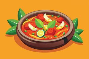 Delicious tomato soup with vegetables and herbs in a clay bowl vector