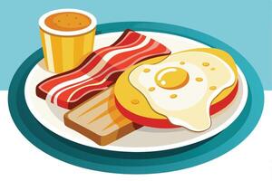 Delicious and Appetising Breakfast Plate Crispy Bacon, Sunny-Side Up Egg, Toast, and Coffee on a Teal Plate vector