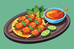 Delicious Spicy Satay Skewers with Creamy Peanut Sauce, Lime Wedges, and Fresh Herbs on a Rustic Wooden Platter - An Appetising Culinary Scene vector
