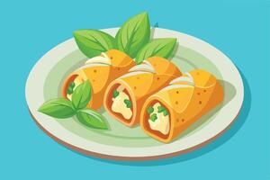 Delicious Cheese-Filled Spring Rolls Served on Plate with Fresh Basil, Appetising Asian Cuisine Illustration - Professional digital artwork with vibrant colors and detailed composition vector