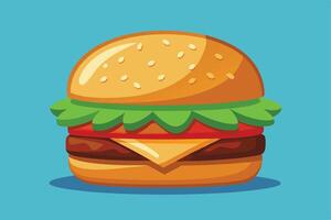 Juicy Cheeseburger with Lettuce and Tomato on a Vibrant Blue Background - Delicious Fast Food Illustration vector