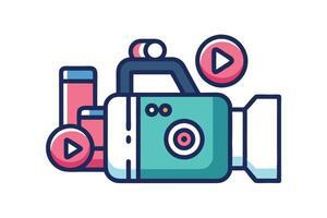 Playful Teal Camcorder Recording Vibrant Videos, Streaming Media Content with Play Buttons, Happy Mood - Professional digital artwork with vibrant colors and detailed composition vector