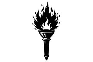 Fiery Black Torch Emblem Dramatic Burning Flame Icon Against White Background, Symbolizing Passion, Power, and Enlightenment vector