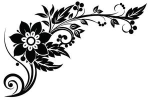 Elegant Black and White Floral Corner Design A Dramatic, Swirling Flourish of Flowers and Leaves for Artistic Decoration vector