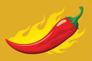 Fiery Red Chili Pepper Burning with Intense Heat on Yellow Background Spicy Food Illustration - Professional digital artwork with vibrant colors and detailed composition vector