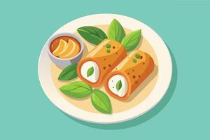 Delicious Crispy Fried Cheese Rolls with Basil and Orange Sauce on a Plate, Appealing Food Illustration vector