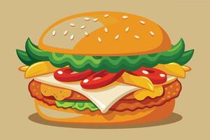Delicious Juicy Burger with Cheese, Lettuce, Tomato, and Fries A Tempting Fast Food Illustration - Professional digital artwork with vibrant colors and detailed composition vector