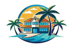 Luxurious Beachfront Home at Sunset Idyllic Tropical Island Escape with Palm Trees and Ocean View vector