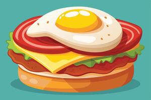 Delicious Breakfast Burger with Fried Egg, Cheese, and Tomato Slices on a Soft Bun Appetising Food Illustration vector