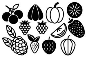 Collection of Stylish Black and White Fruit Icons Cherries, Berries, Strawberries, Pumpkin, and Citrus, Perfect for Design Projects vector