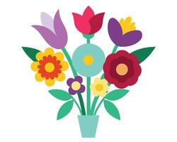 Vibrant Spring Bouquet of Colorful Flowers in a Teal Pot, Joyful and Cheerful Illustration - Professional digital artwork with vibrant colors and detailed composition vector