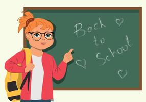 Happy cute school girl pointing with finger at blackboard vector