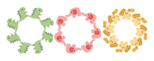 Cute soft toys for kids set concept. Entertainment and recreation. Inventory for children and playroom. Cartoon flat wreath isolated on white background. Hand drawn flat illustration . vector