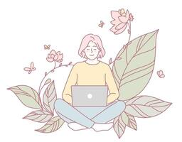 A Woman is Working on Her Laptop While Being Surrounded by Beautiful Nature All Around Her vector