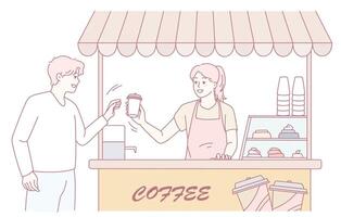 Engaging in a Coffee Stand Interaction with a Customer at a Local Cafe Stand or Shop vector