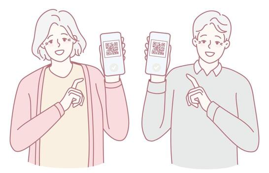 A couple joyfully displaying various QR codes on their smartphones to access digital services vector
