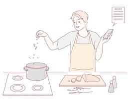 A passionate cooking enthusiast diligently follows a detailed recipe in the kitchen vector