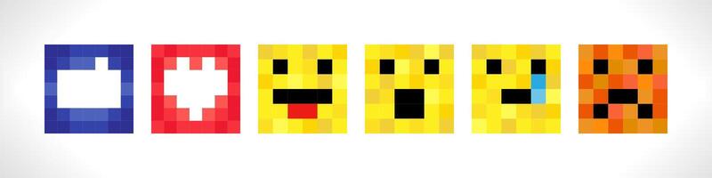Collection of creative social media icons. Pixel art graphic style. Set of face reactions. vector
