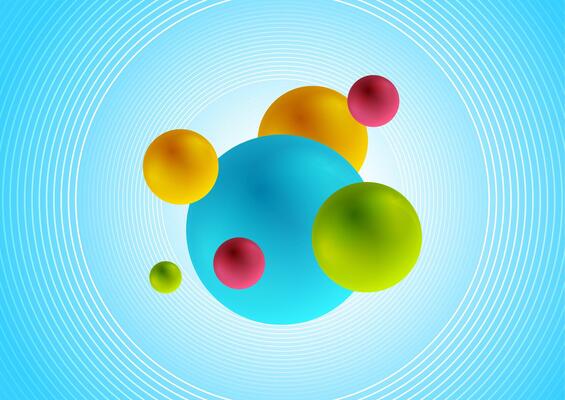 Blue minimal linear circles and colorful spheres abstract background