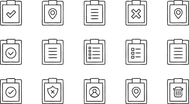 Hand Drawn Clipboard Icons Representing Tasks, Location, Data, Security, People, Deletion and Approval on White Background vector