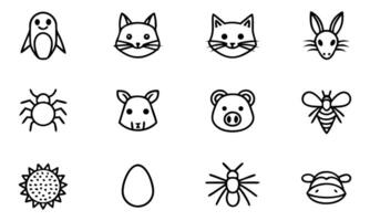 Simple Black and White Line Art Featuring a Variety of Animals, Insects, Plants and Food Related Items vector