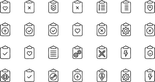 diverso portapapeles íconos conjunto para negocio y tarea administración diseños presentando corazón, cheque marcas, engranajes y otro único símbolos vector