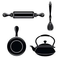 Culinary Still Life Kitchen Tools Representing Cooking and Baking Utensils Including Whisk Rolling Pin Teapot and Frying Pan Flat Design vector