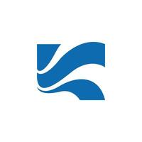 A blue and white logo with a wave vector
