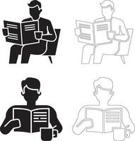 coffee day person reading newspaper and holding coffee cup icon set solid and outline silhouettes vector