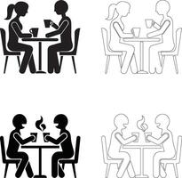 coffee day coffee break two people at table icon set solid and outline silhouettes with steaming cups vector