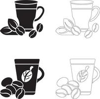 coffee day coffee cup with leaf design and coffee beans icon set solid and outline silhouettes vector
