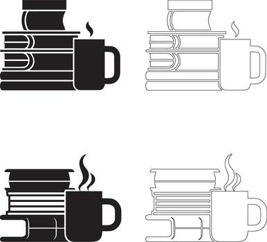 café día libro apilar y humeante jarra icono conjunto con sólido y contorno estilos vector