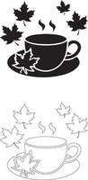 coffee day autumn leaves coffee cup with steam silhouette and outline illustration vector