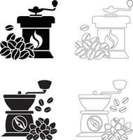 coffee day coffee grinder icon set with solid and outline silhouettes and coffee bean clusters vector