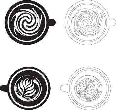 café día parte superior ver latté Arte café taza icono conjunto remolino y hoja siluetas lleno y contorno vector