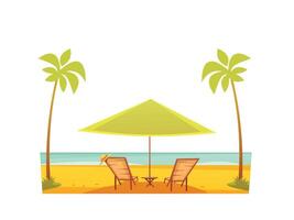Colorful illustration of a tropical beach landscape with chair, umbrella, and seashore scene for summer holiday and travel themes vector