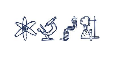 Hand drawn science and education icon illustration with doodle-style lab tools, books, equations, atoms and learning objects for knowledge, school or academic use vector