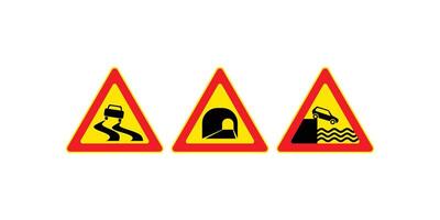 Road warning sign collection including danger symbols, alert icons, and caution signs ideal for transport safety and traffic design elements vector