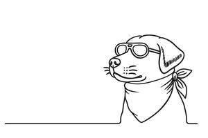 Continuous line drawing of cute dog wearing sunglasses and bandana. Simple minimalistic style vector