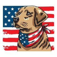 Dog Golden Retriever wearing american flag bandana in american flag background, illustration for the 4th of July independence day vector