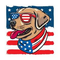 Golden Retriever wearing american flag sunglass and bandana in american flag background, illustration for the 4th of July vector