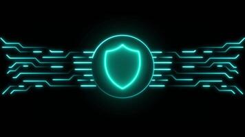 Neon security frame with shield icon animation isolated on black background video