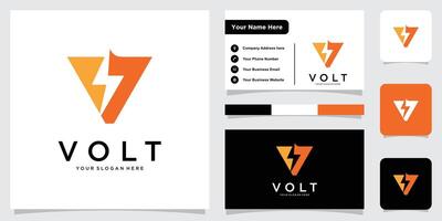 Letter V logo with thunderbolt in negative space with business card design . vector