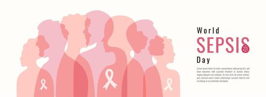 World Sepsis day background. Banner design template. Holiday concept. Silhouettes of people with the illustration of a drop of blood infected with bacteria or viruses. September 13. vector