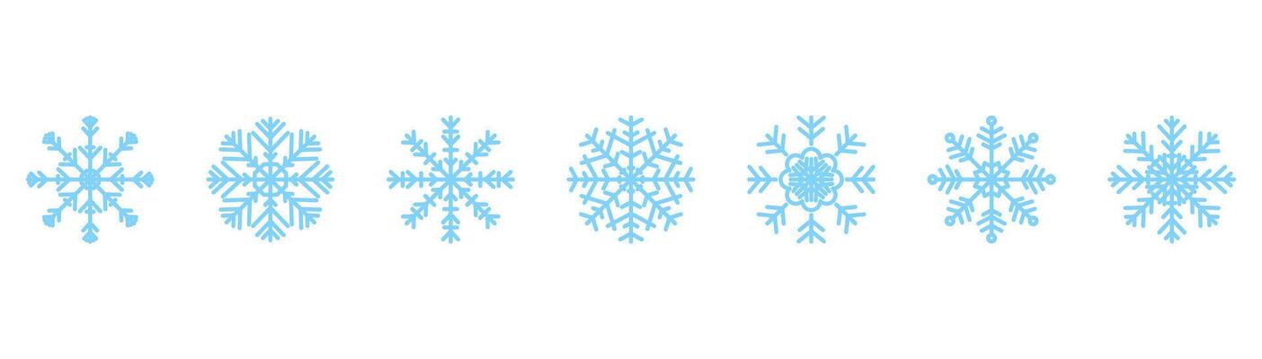 Blue Snowflakes line icons set. Snow seamless border. Geometric winter snowfall symbols. New year and Christmas decoration for poster card print banner. simple outline sign. Editable stroke