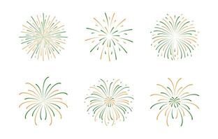 India independence day fireworks celebration Set. Orange green Firecracker in flat style. Blast explosion icon. Sparkles for poster banner card on Republic celebration. Simple lines splashes. vector