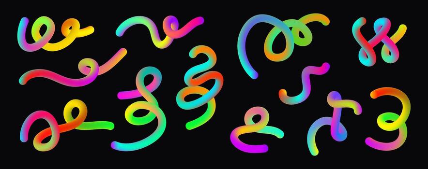 Neon Rainbow wavy lines. Colorful gradient fluid shapes set. Bright 3d effect waves. Curve and dynamic scribble. Abstract Squiggle pack. vector