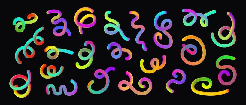 Bright Gradient Line shapes. Abstract wavy fluid element. Neon rainbow spiral and curved design elements. 3D Squiggle. vector