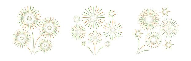 Fireworks Indian republic day set in flat style. green and orange sparks isolated on white background. India independence day. Blast explosion for poster banner card. vector