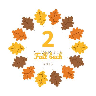 Fall Back 2025 poster template. Reminder card for wintertime. November 2. Calendar date and autumn oak leaves frame decoration. Daylight Saving Time Ends cover flyer background.